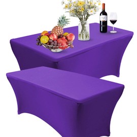 Reliancer 2 Pack 8FT Rectangular Spandex Table Cover Four-Way Tight Fitted Stretch Tablecloth Table Cloth for Outdoor Party DJ Tradeshow Banquet Vendor Wedding Celebration (2PC 8FT, Purple)
