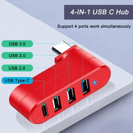 VIENON 4-Port USB C Hub [90°/180° Degree Rotatable], USB C Adapter Splitter with PD-in 5W Port, USB Extender for MacBook, iMac, Surface, and More C Port Laptop(Not for Car)-Red