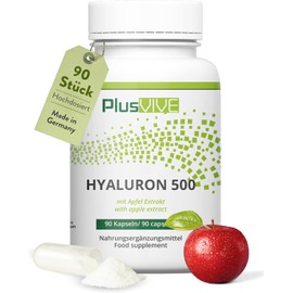 PlusVive - High dose hyaluronic acid | 90 capsules | 500 mg hyaluronic acid per capsule - plus 3 mg apple stem cells | laboratory tested and vegan