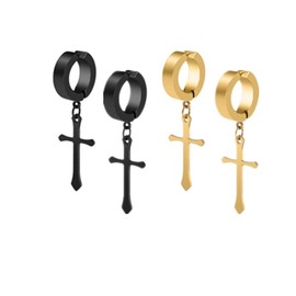 Non-Pierced Clip On Cross Dangle Hoop Earrings Set of 2 for Men Women No Piercing Ear Plug Jewelry, 2 Pairs