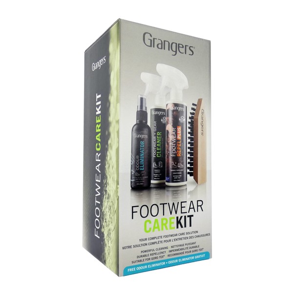 Granger's All-In-One Footwear Care Kit with Footwear + Gear Cleaner (9.3 oz Spray), Footwear Repel Plus (9.3 oz Spray), Odor Eliminator (3.4 oz Spray Bottle), and Brush