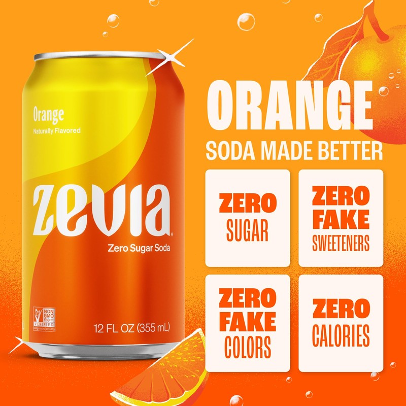 Zevia Zero Sugar Soda, Orange, 12 oz Cans (8-Pack) –