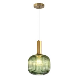 KCO Lighting Vintage Green Glass Pendant Light Kitchen Island Lighting Farmhouse Ribbed Glass Pendant Lighting Large Globe Pendant Light Fixture Brass Gold Single Ceiling Hanging Light