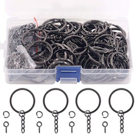 Swpeet 300Pcs 6/5 Inch 30mm Black Flat Key Chain Rings Kit, Including 100Pcs Split Keychain Rings with Chain and 100Pcs Jump Ring with 100Pcs Screw Eye Pins Bulk for Jewelry Findings Making