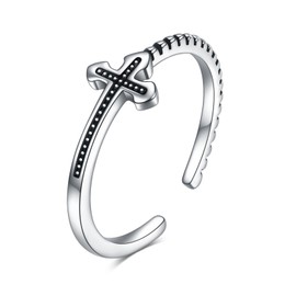 VIJASHOP Sterling Silver Sideways Cross Rings for Women Adjustable Christian Faith Religious Hope Rings Retro Simple Unisex Cross Rings Jewelry Gifts, Sterling Silver, No Gemstone