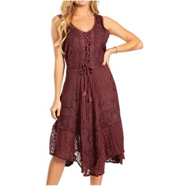 Sakkas 17321 - Magdilena Stonewashed Corset Front Embroidered Dress - Chocolate - L/XL