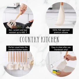 Country Kitchen Cooking Utensils Set - 38 pcs Non-stick Silicone Spatula Set with Holder, Wooden Handles and Heat Resistant Gadgets Utensil
