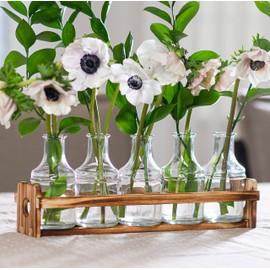 Glass Flower Vase with Wooden Holder, & 5 Bud Vases for Flowers, Set for Home Décor, Wedding Decorations, Table Décor, Kitchen, Bathroom, Bedroom, Shelf Décor - Modern Vase for Flower Arrangement.