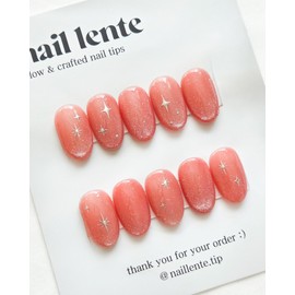 Coral magnetic gel glitter feminine nail handmade nail tip - short round / 코랄 자석젤 글리터 페미닌네일 수제네일팁 - 숏라운드