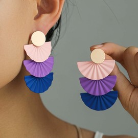 TseenYi Boho Multi layer Fan Earrings Gold Coin Disc Studs Earrings Fan Shape Dangle Earrings Colorful Long Fan Drop Earrings Geometric Sector Earrings Jewelry for Women and Girls(Purple)