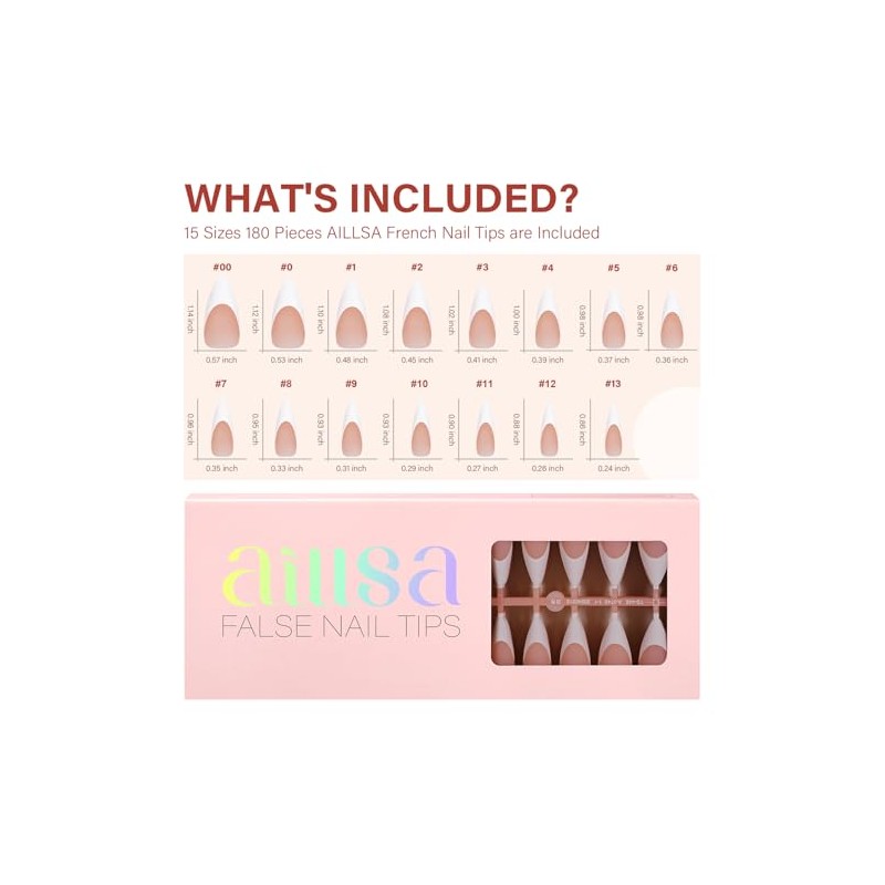 AILLSA Uñas Postizas Francesas de Gel, 180 Unidades, Largas, Almendradas,