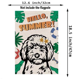 Hello Summer Garden Flag Golden Doodle Vertical Double Sided Dog Tropical Flowers Plumeria Seasonal Farmhouse Yard Outdoor Decorations 12.5 x 18 Inch