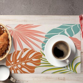 Summer Monstera Palm Leaf Placemats Set of 4, 12x18 Inch Green Coral Orange Tropical Botanical Table Mats Farmhouse Holiday Decorative Table Placemats for Party Home Kitchen Dining Table Decor