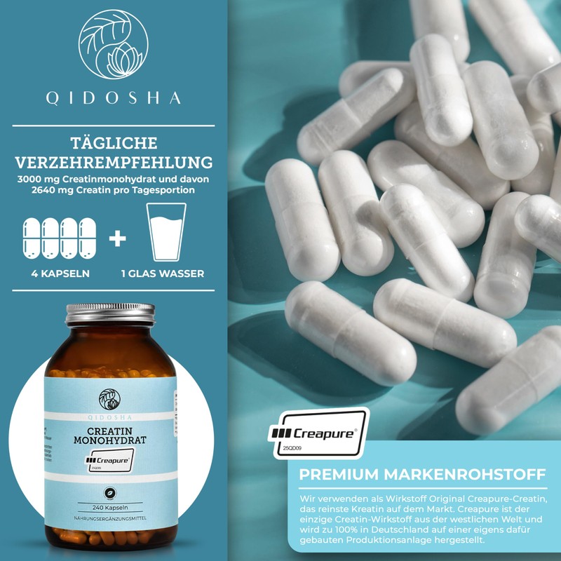 Creapure Creatine Monohydrate by Qidosha 240 Pieces in Pharmacist Glass,