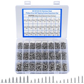 815 Pieces M3 M4 M5 Self-Tapping Wood Screws Assortment Set, Stainless Steel Phillips Drilling Screws, Flat Head and Self-Drilling Screws for Sheet Metal (405 x Round Head, 410 x Flat Head) (Silver)