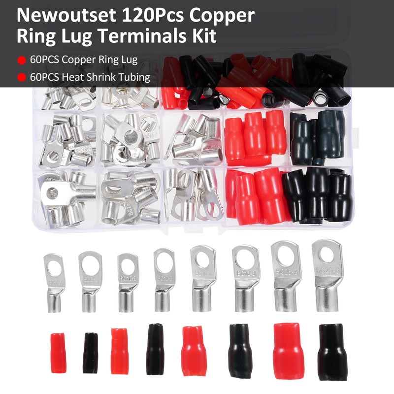 120PCS Copper Ring Lug Terminals Kit, Wire Connectors, Terminal Connectors,