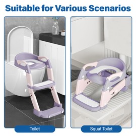 3 in 1 Potty Training Seat for Toddlers Adjustable Toilet Trainer with Anti-Slip Steps and Splash Guard Converts to Step Stool & Child Toilet Chair Foldable Design for Boys & Girls(Purple)
