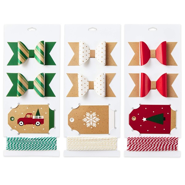 Hallmark Holiday Gift Wrap Accessory Kit (Red Truck, Tree, Snowflake) 6 Gift Bows, 12 Gift Tags, 9 Yards of Twine - Kraft, Red, Green, White