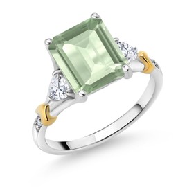 Gem Stone King 925 Silver and 10K Yellow Gold Green Prasiolite and White Moissanite and Diamond Engagement Ring For Women (3.24 Cttw, Emerald Cut 10X8MM, Trillion 3.5MM) (Size 8)