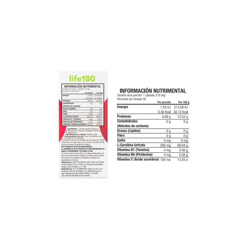 Life180 L-Carnitina Tartrato Con Vitamina B1 Y B6 de 60