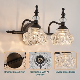 ZILANL Bathroom Vanity Light Fixtures, 2-Light Vintage Crystal Wall Lights, Painted Black Surface, Thick Crystal Glass Shade, Vintage Wall Sconce for Bathroom, Bedroom, Living Room