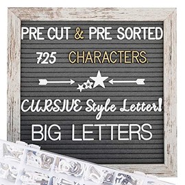 Felt Letter Board 10x10 Inch with Rustic Wood Frame, Pre Cut & Sorted 725 Letters, Cursive style letters, Big letters, Letter Organizer, Picture Hangers, Wall Mount, Shabby Vintage Decor