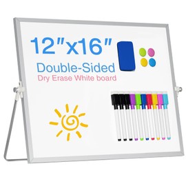 Jebeeynn Magnetic Desktop Whiteboard with Stand, 16'' x 12'' Double-Sided Dry Erase White Board, 10 Markers, 4 Magnets, 1 Eraser, Portable White Board Easel for Kids Drawing Desk School to Do List