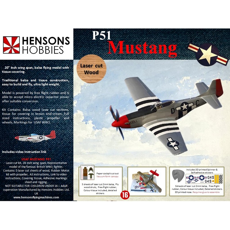 Mustang P51 balsa model airplane kit, WW2 USAF, fighter plane