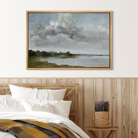 SIGNLEADER Framed Canvas Print Wall Art Tranquil Lakeside Trees Reflective Water Scenery Illustrations Fine Art Colorful Multicolor Warm for Living Room, Bedroom, Office - 16"x24" NATURAL