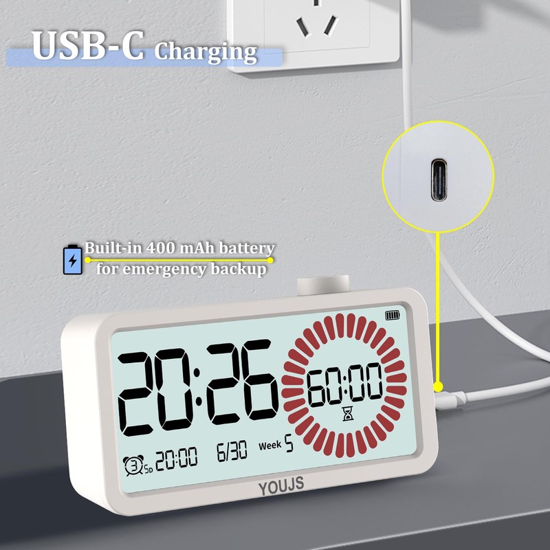Visual Timer 4-in-1 Alarm Clock,for Heavy Sleepers Student Kids
