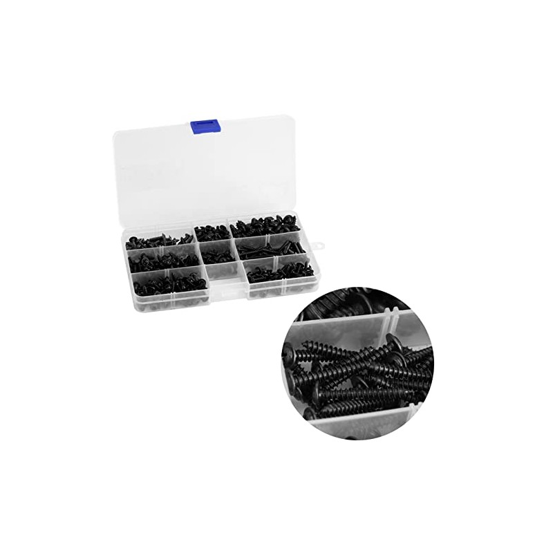 340Pcs Flange Self Tapping, Black Galvanised Screws Large Flange Head