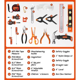 Difflife 18-Piece Hand Tool Set Kids Real, Tool Kit with Storage Bag for Boys, Girls, Children DIY Building and Woodworking, Age 8+ Tool Set-18 Piece