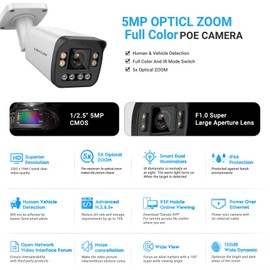 VIKYLILN 5MP Full Color PoE IP Varifocal Bullet Camera Outdoor,5xOptical Zoom IP Camera 2.7~13.5mm Motorized Lens,Smart Dual Light, 2- Way Audio,SD256GB,AI Human/Vehicle Detection