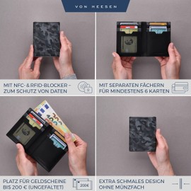 VON HEESEN® Men's Leather Wallet with Coin Compartment and RFID Protection, Genuine Leather Wallet for Men and Women, Wallet, Black grey camouflage, Without coin compartment, Without coin compartment