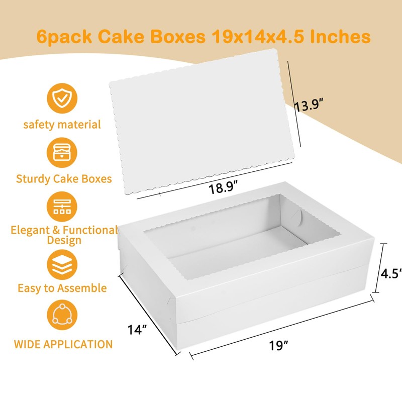 Aufind 6pcs Cake Boxes with Cake Board, 19x14x4.5 Inches White