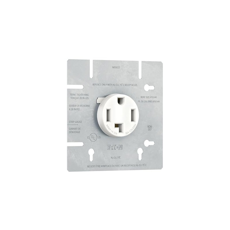 Eaton NEMA 14-30R Dryer Receptacle 30 Amp 125/250V 3P4W White