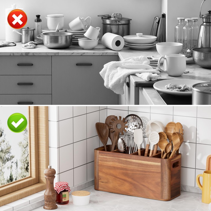ZUJJAFY Utensil Holder, Acacia Wood Kitchen Utensil Holder for Counter