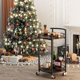 Azheruol Bar Cart Black Rolling Cart for Home,2 Tiers Bar Serving Cart Round Wine Cart with Handle, Metal Wine Rack and Casters, Serving Bar Trolley for Home Kitchen,Living Room