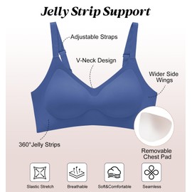 Hedya Flow Women's Wireless Bras Comfortable Seamless Bralettes Soft V Neck Push Up Wirefree Brassiere Full Coverage Everyday Bra for Women 3-Row Back Hooks Blue, M