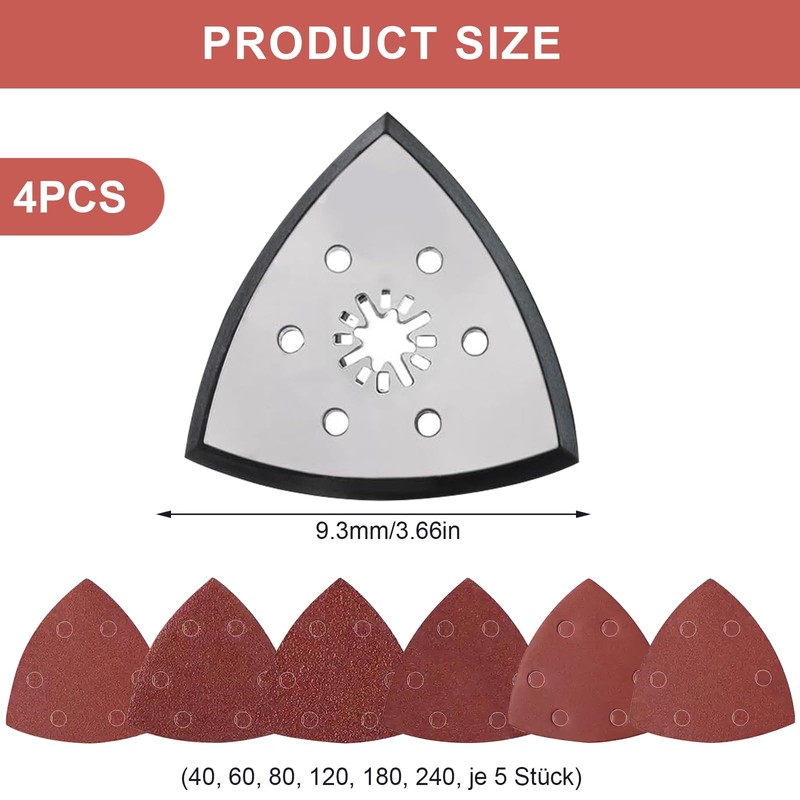 Pmueuff Sandpaper Triangle Sander, Pack of 4 93 mm Sanding