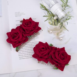 MaoXinTek Rose Flower Hair Clips, Hair Pin Ladies Bridal Hair Accessories Clip On Brooch Wedding Red Roses Artificial Hair Clips Hair Clip Flamenco Dancer Pack of 2