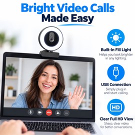1080P USB Webcam for Video Calls & Streaming – Autofocus Camera with Fill Light, Microphone & Rotatable Design