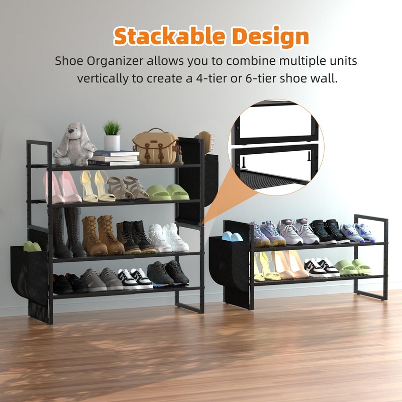 Shoe Rack with Side Pocket, Expandable 2-Tier Mesh Shoe Organizer