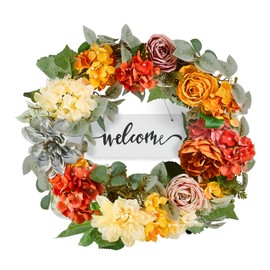 Happybuy 24 - inch Multicolor Artificial Decorative Wreath in Red, Orange, and Yellow, Adorned with Hydrangeas, Roses and a Wooden Sign, All - Seasons Wreath for Indoor and Outdoor Home Wall