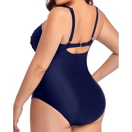 Yonique Traje de baño de una Pieza para Mujer, Talla Grande, Control de Abdomen, Traje de baño Fruncido Frontal, Azul Marino, 24 Plus