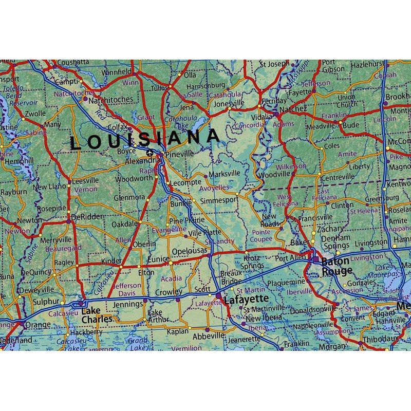 Texas, Louisiana, Arkansas & Mississippi States Physical Map - 23.3