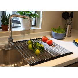 Ahyuan Roll up Dish Drying Rack Over The Sink Dish Drying Rack Square Tubes Dish Rack Over Sink Dish Racks for Kitchen Counter RV Camper Accessories for Travel Trailers (Black, 17.8''Wx17.2''L)