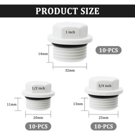 CONNECTION Pack of 30 Sealing Caps, 1/2 3/4 1 Inch Threaded Plugs with Washer, Water Pipe, Blanking Plugs, Plastic Hose Caps, Hexagonal Pipe Caps for Sealing Pipe Ends, Taps
