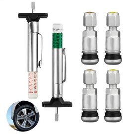 Pack of 4 Metal Valves for Alloy Wheels and 2 Tyre Tread Depth Gauge, Car Tyre Valve 11.3 mm Air Valve Car Steel Valves Rim Valves, Universal Tyre Valve Car (Silver)