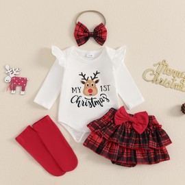 BemeUSWT My First Christmas Baby Girl Outfit 3 6 9 12 18 Months Santa Baby Romper Plaid Ruffle Tutu Skirt Shorts Set Headband Stocking 4pcs Xmas Clothes (White, 3-6 Months)